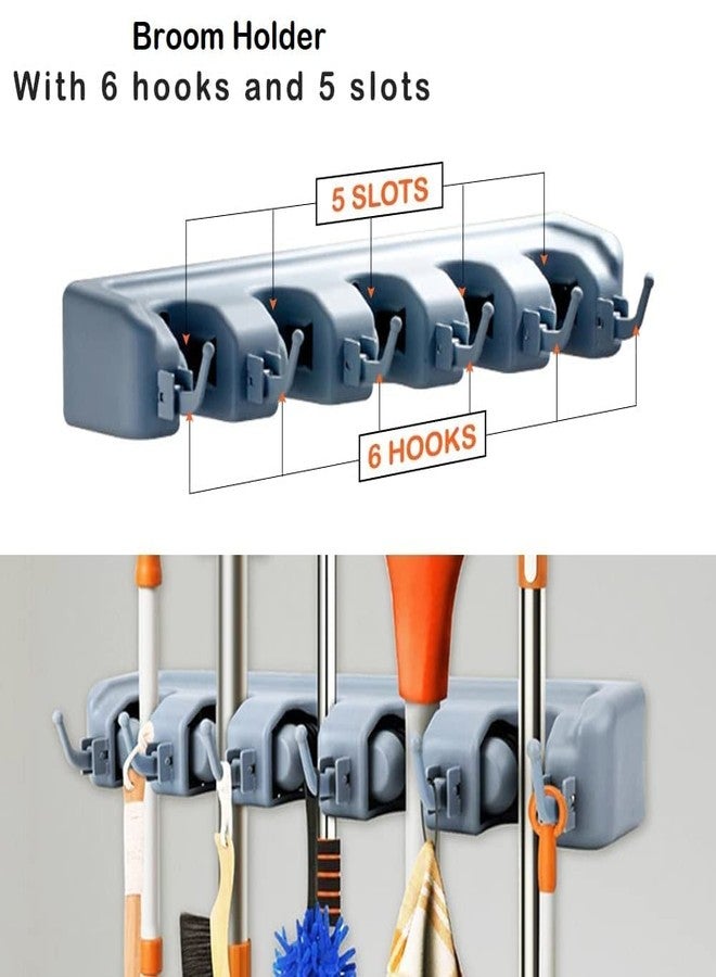 Emergity Plastic Wall Mounted Mop Holder, Broom Holder Wall Mounted with 5 Slot & 6 Hooks ( Pack of 1 ) - Image 2
